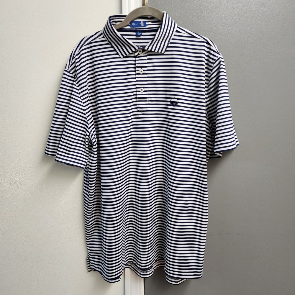 Stitch Men's L White Blue Striped Short Sleeve Collared Button Polo Logo